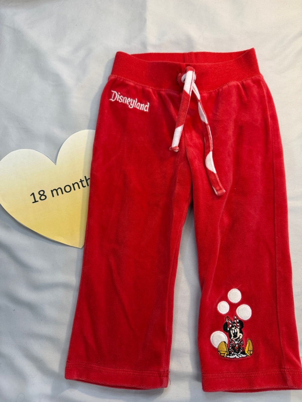 Disney Parks - Vibrant Red Velour Straight leg pants w. embroidered Minnie Mouse